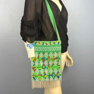 Vintage 1970s Candy Dot Beaded Bag Fringe Multicolor Boho Hippie Purse Deadstock